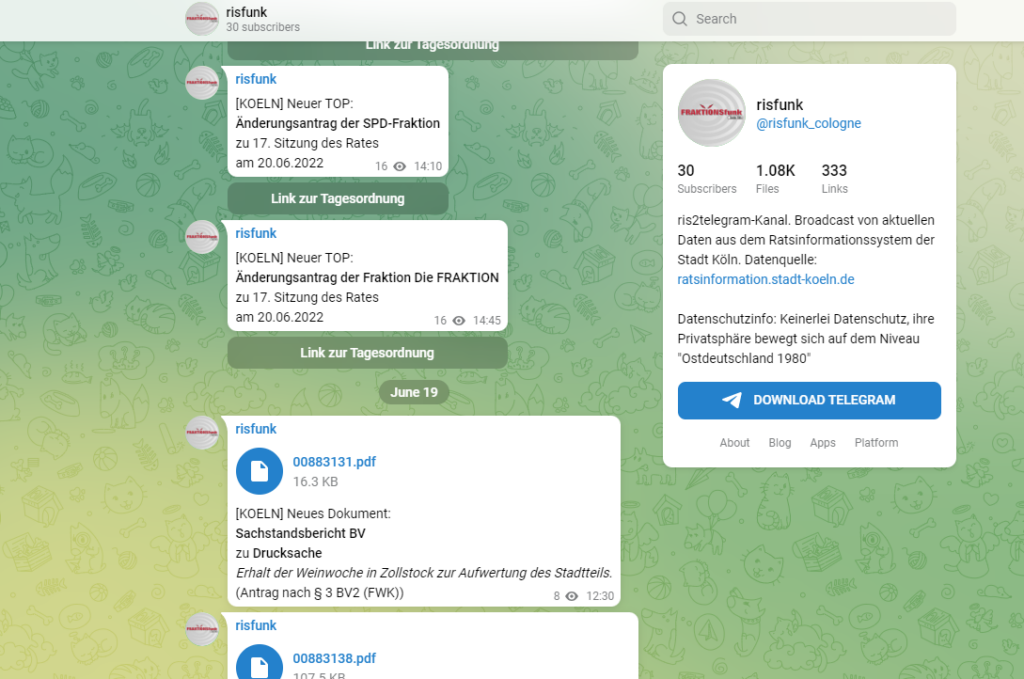 Screenshot des Telegram-Clients mit dem Risbot